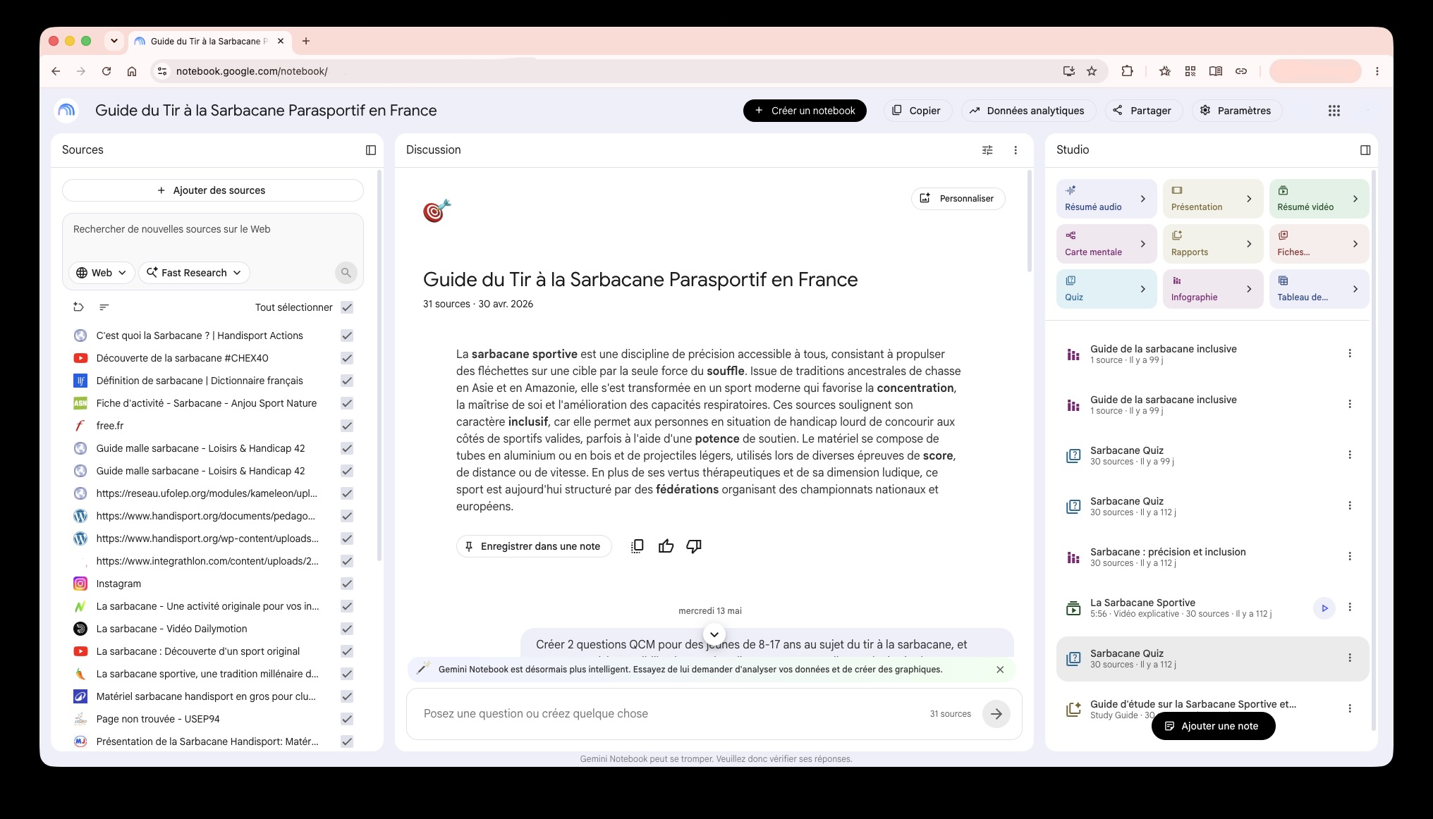 Gemini Notebook utilisé pour analyser plusieurs ressources sur une activité sportive et synthétiser les informations utiles à l'auto-formation d'un éducateur sportif.