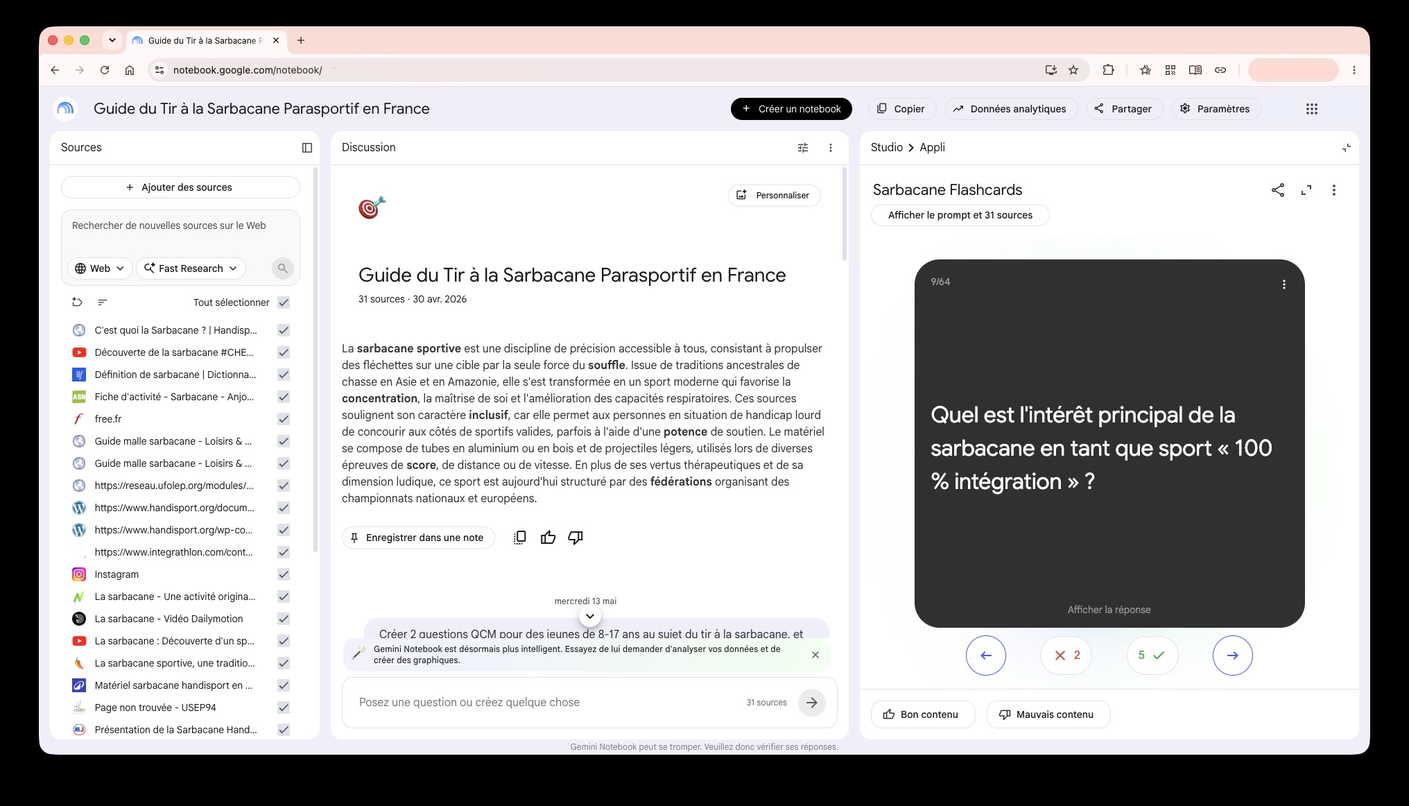 Flashcard générée avec Gemini Notebook à partir de sources documentaires pour tester et renforcer les connaissances d'un éducateur sportif.